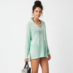 Aqua Blue Semi Sheer Long Sleeve Hoody Swim Bathing Suit Cover Up Top NEW XL